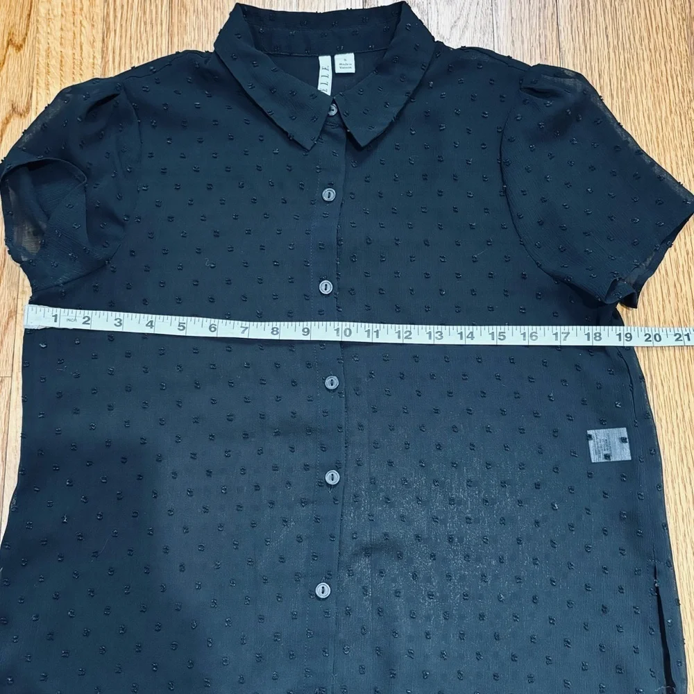 Elle black sheer button up high low short sleeve relaxed long shirt duster Small